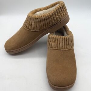 Clarks Womens Tan Suede Knit Collar Faux Fur Clog Mules Size 11M cabin cozy